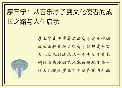廖三宁：从音乐才子到文化使者的成长之路与人生启示